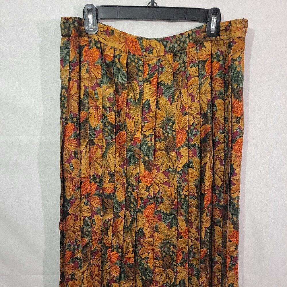 Vintage Susan Bristol Pleated Skirt Fall Leaves Print Rayon Made USA Size 8